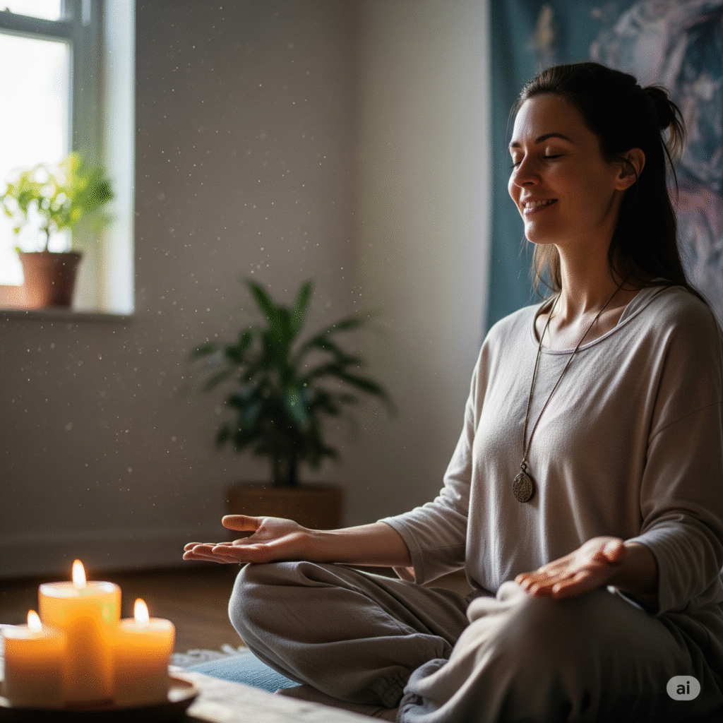 meditation के बाद सुकून अनुभव करती हुई महिला