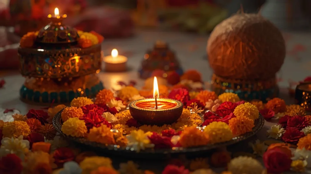 Anant Chaturdashi Puja Thali with diya flowers coconut and kalash
