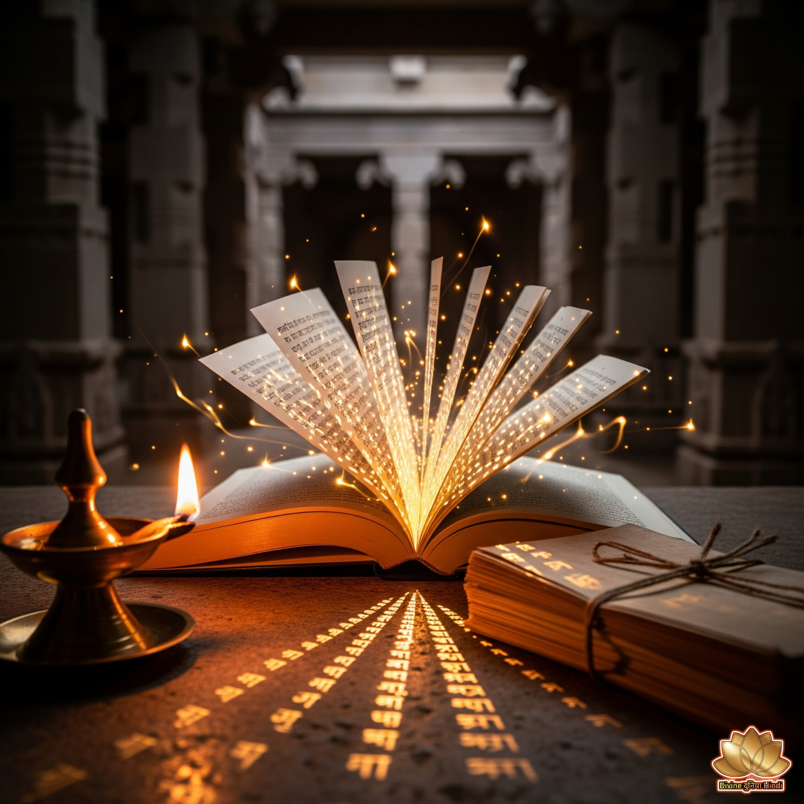 Ancient Hindu scriptures on a wooden stand with glowing diyas, sunlight falling on the open pages, set in a serene temple courtyard with traditional pillars.