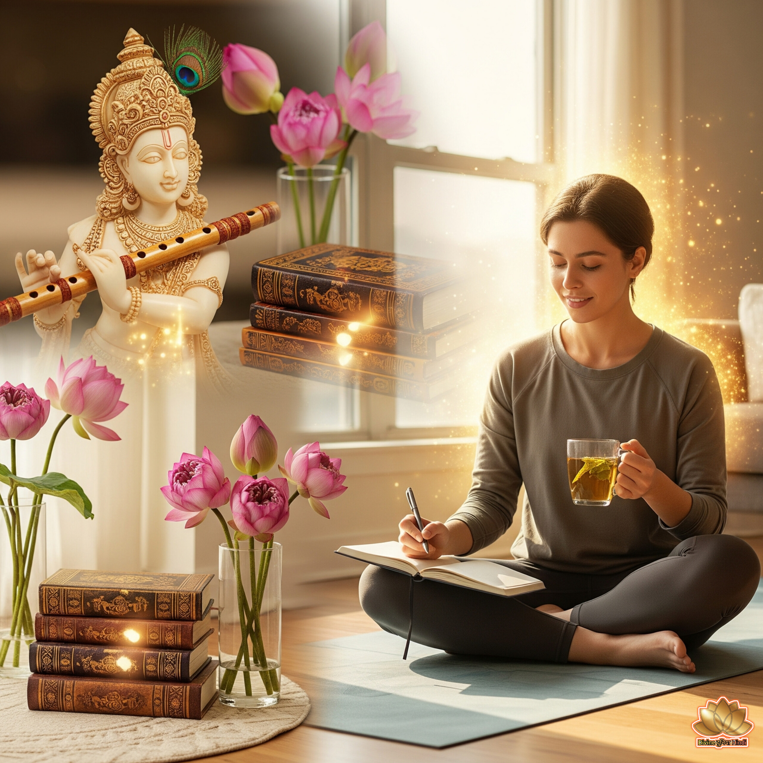 Young person practicing yoga and journaling with herbal tea, surrounded by divine aura, Krishna’s flute, lotus flowers, and Vedic scriptures – symbolizing lifestyle tips with a spiritual touch for peace and balance.