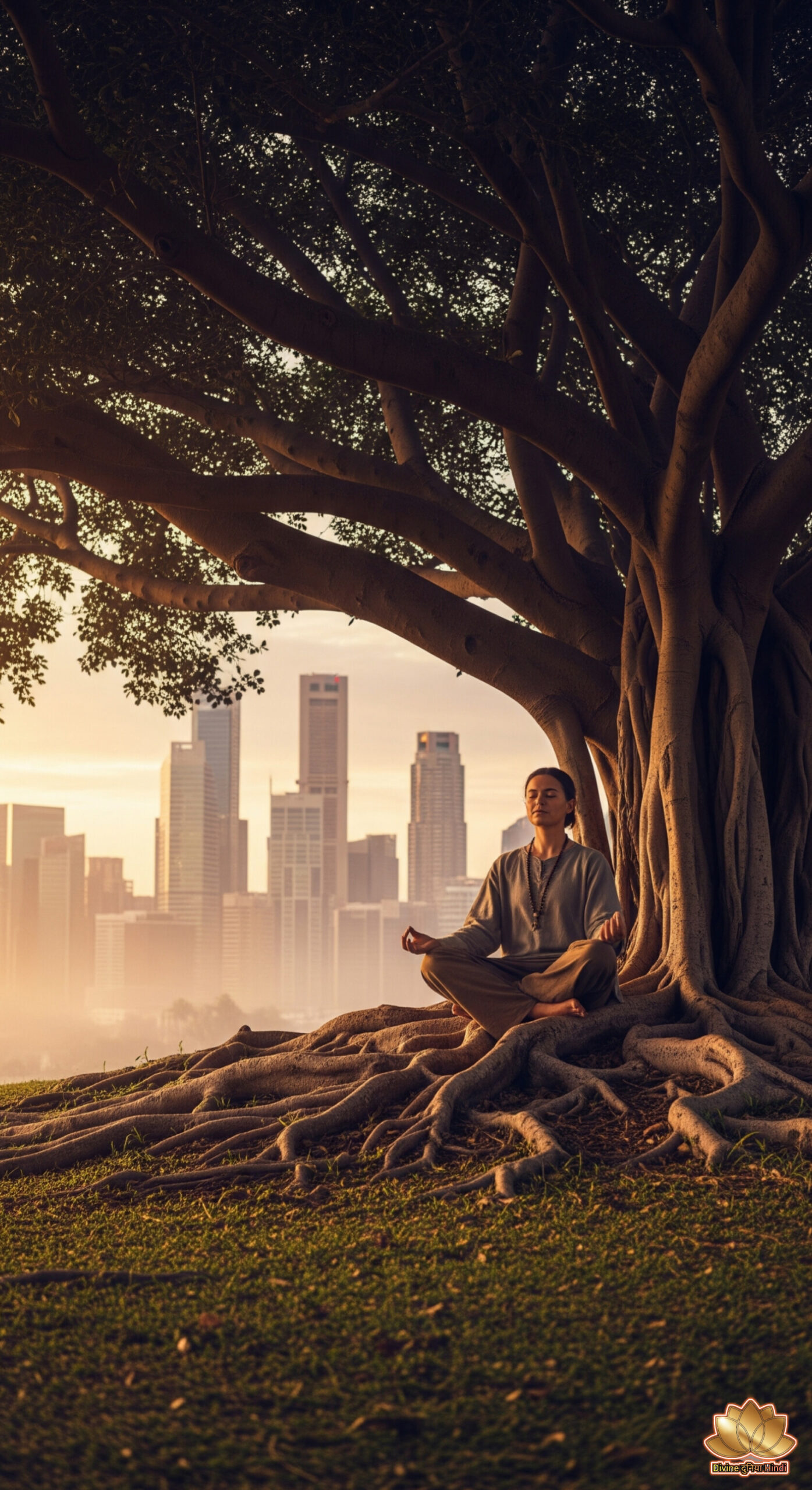 Spiritual man meditating in nature with modern city behind – inner peace and daily life balance