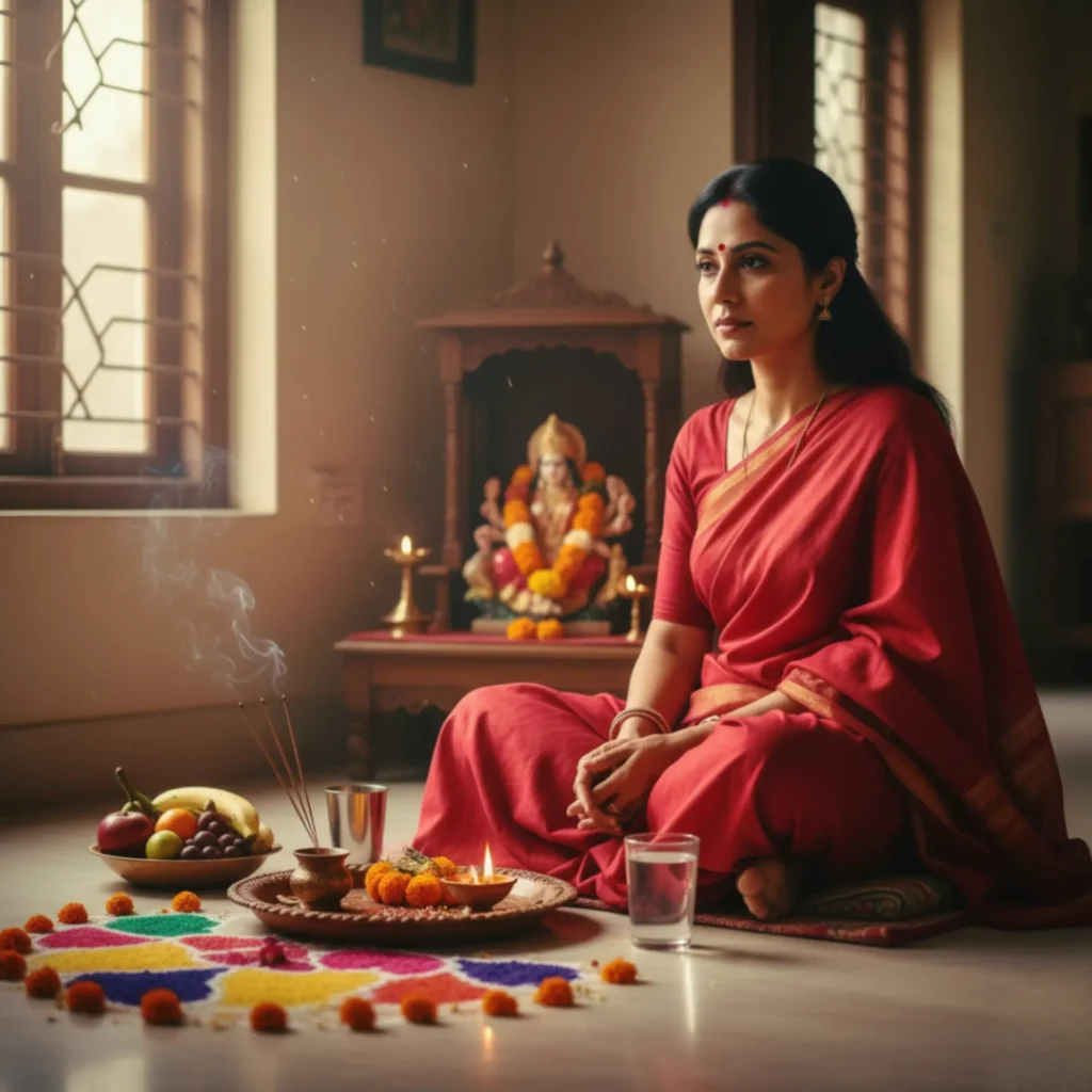 Navratri vrat के लिए सुंदर पूजा सेटअप और व्रत भोजन का दृश्य